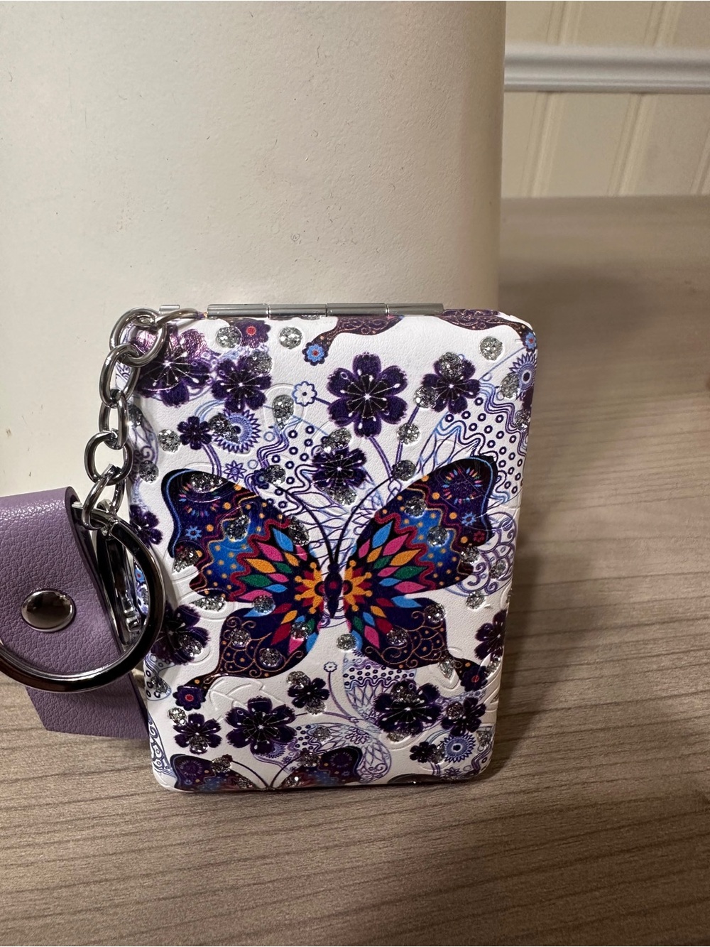 Butterfly Print compact mirror Keychain - Purple Multi